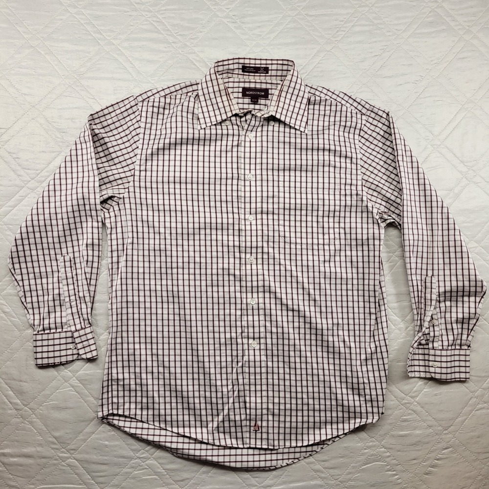 Nordstrom brown check long sleeve 100% cotton‎ dress shirt size 16-33